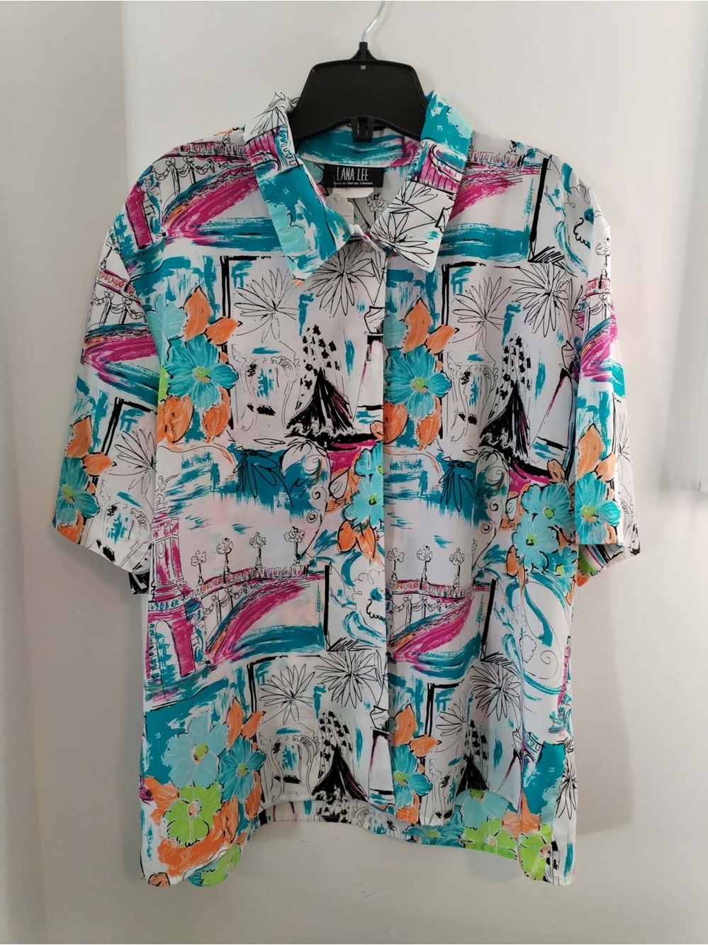 Women’s Vintage Lana Lee Art Design Short-Sleeve Shirt button up Shirt - Size XL